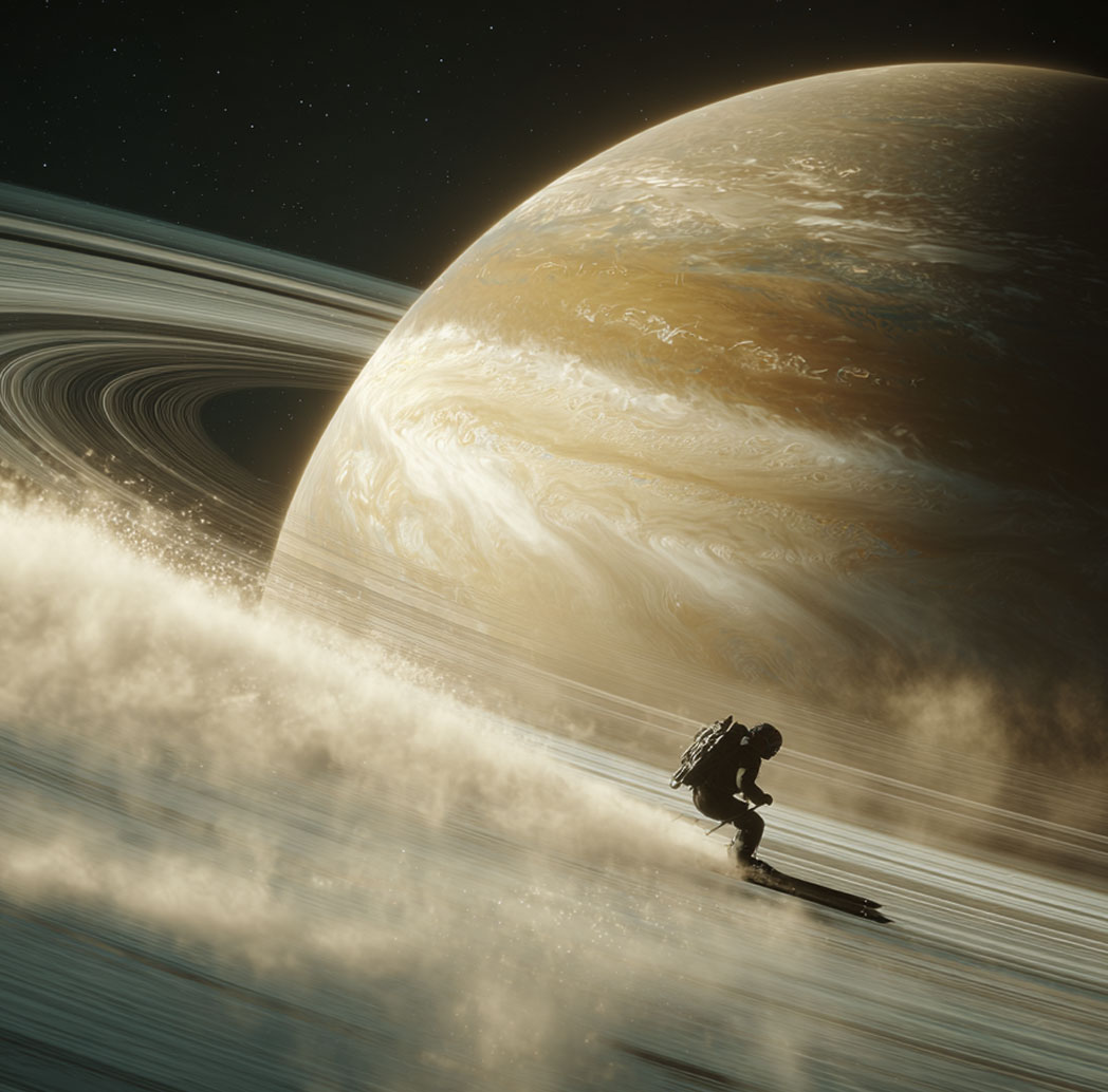 An astronaut skiing on Saturns rings
