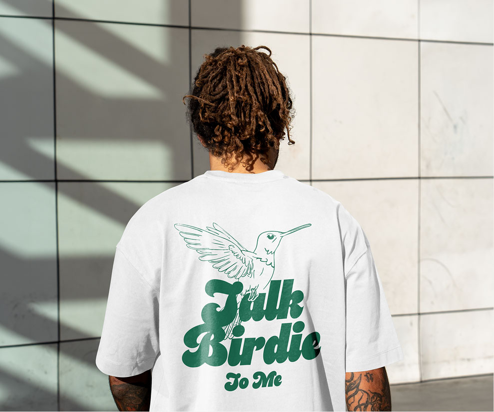 Jack's Talk Birdie to me t-shirt on a model