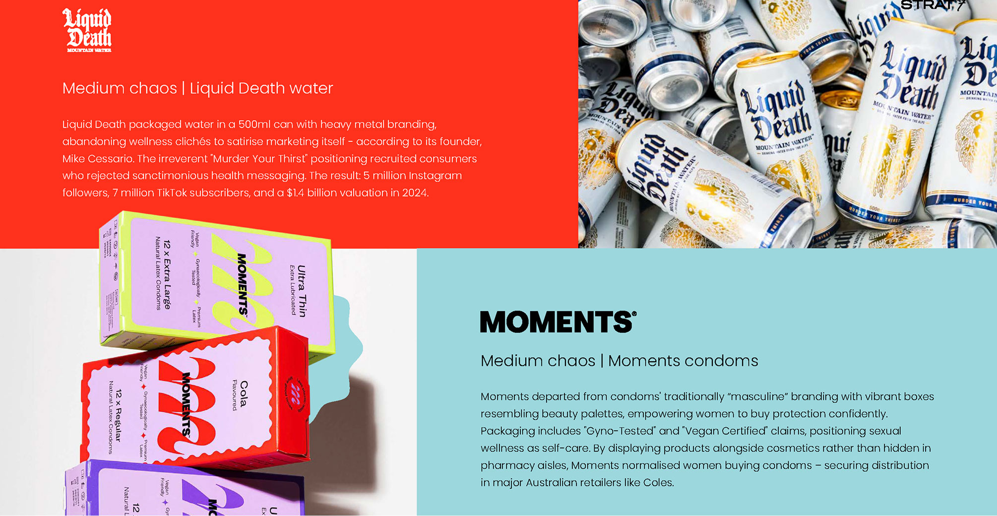 Chaos packaging ebook screenshot - Liquid Death & Moments examples