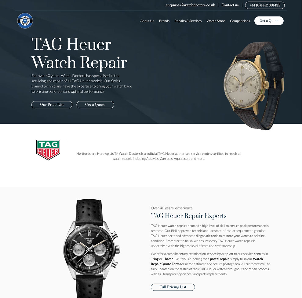 Screenshot of the Watch Doctors website TAG Heuer Watch Repair page