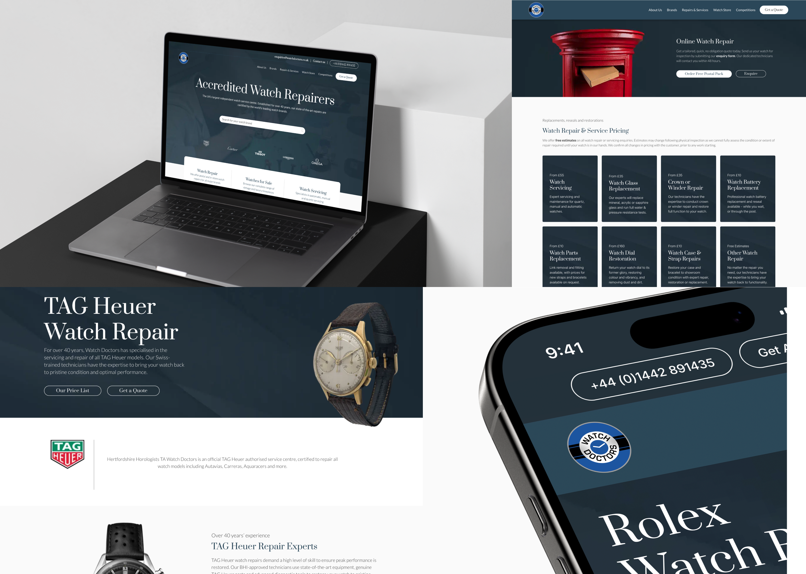 A collage of the Watch Doctors website on mobile, laptop and screenshots of page sections